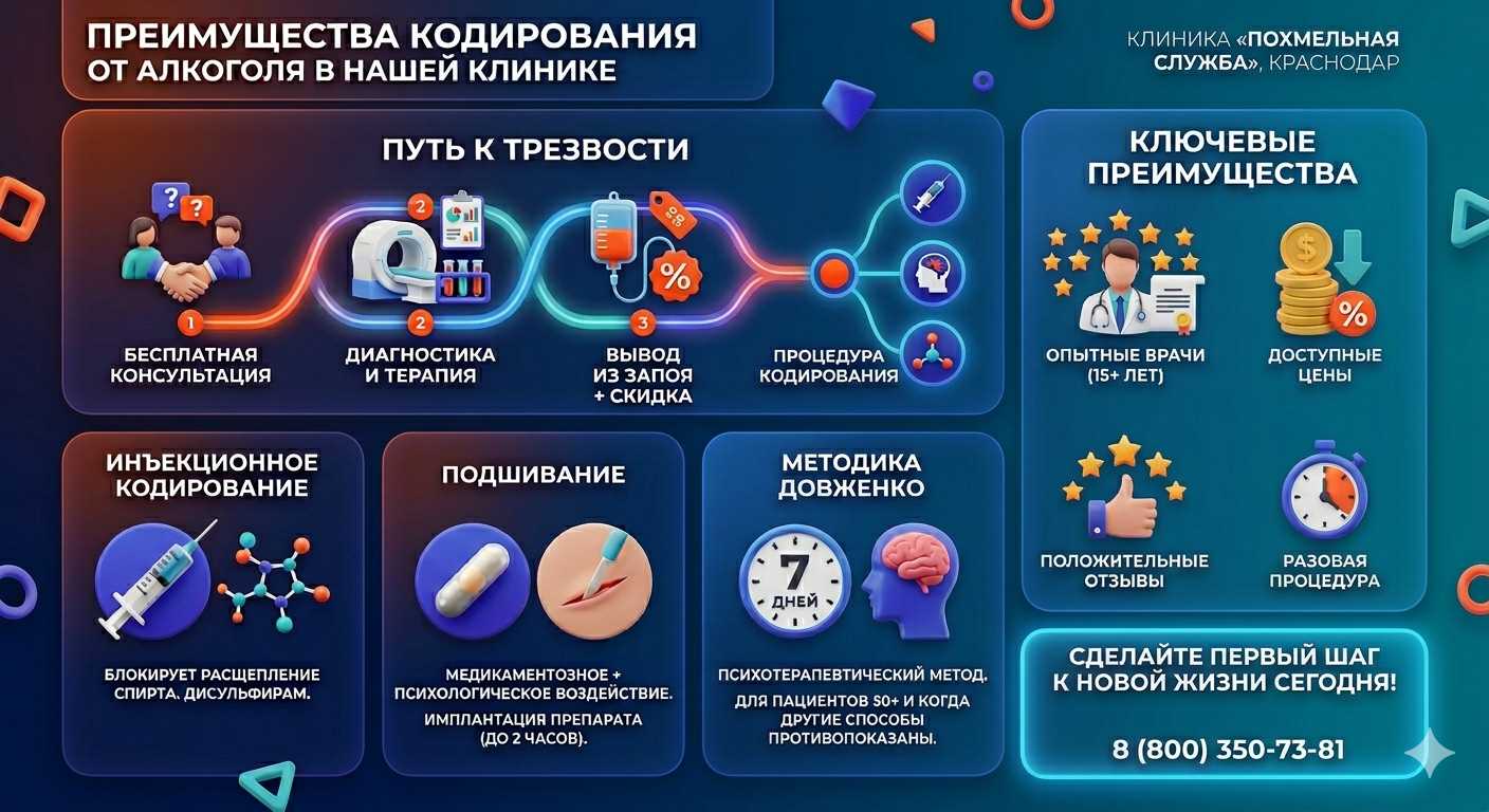 Инфографика о методах кодирования от алкоголя в Южно-Сухокумске: инъекции, подшивание, метод Довженко. Преимущества клиники и этапы лечения.