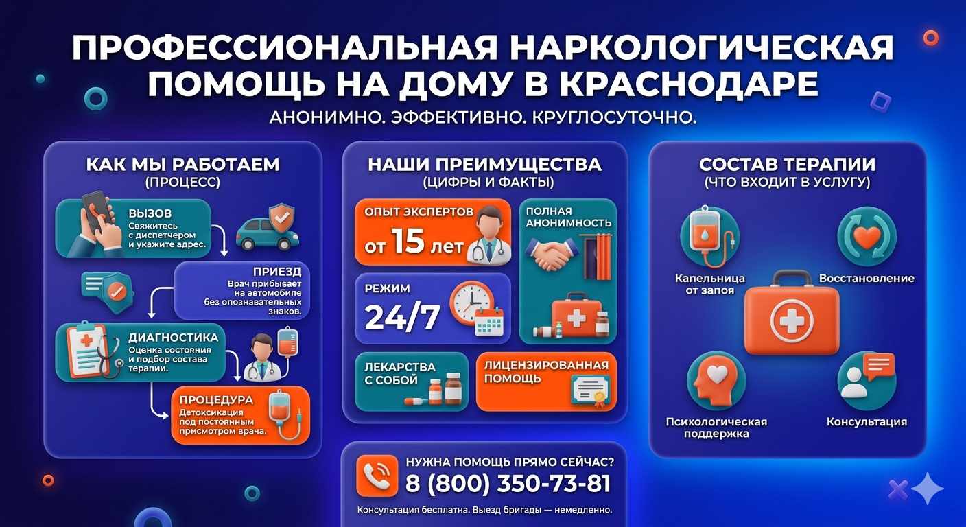 Инфографика о принципах лечения алкоголизма на дому в Южно-Сухокумске: этапы вызова нарколога, преимущества анонимной детоксикации и состав медицинской помощи.